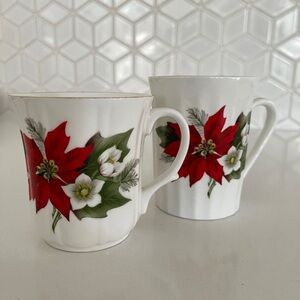 CHRISTMAS Lot of 2 Festive Poinsettia Bone China Made England Coffee Tea Mugs